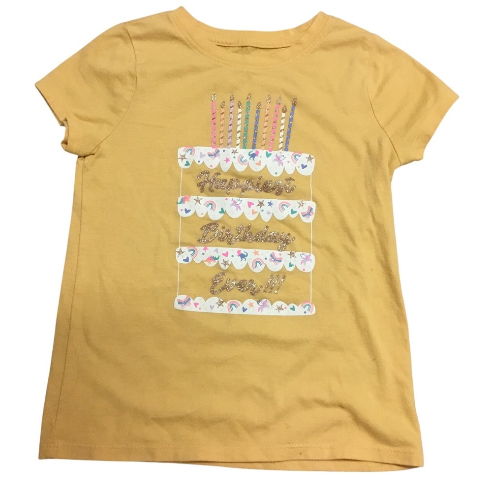 Cat & Jack Birthday Cake T-Shirt Girls XS 4/5 Yellow Excellent Glitter Graphic